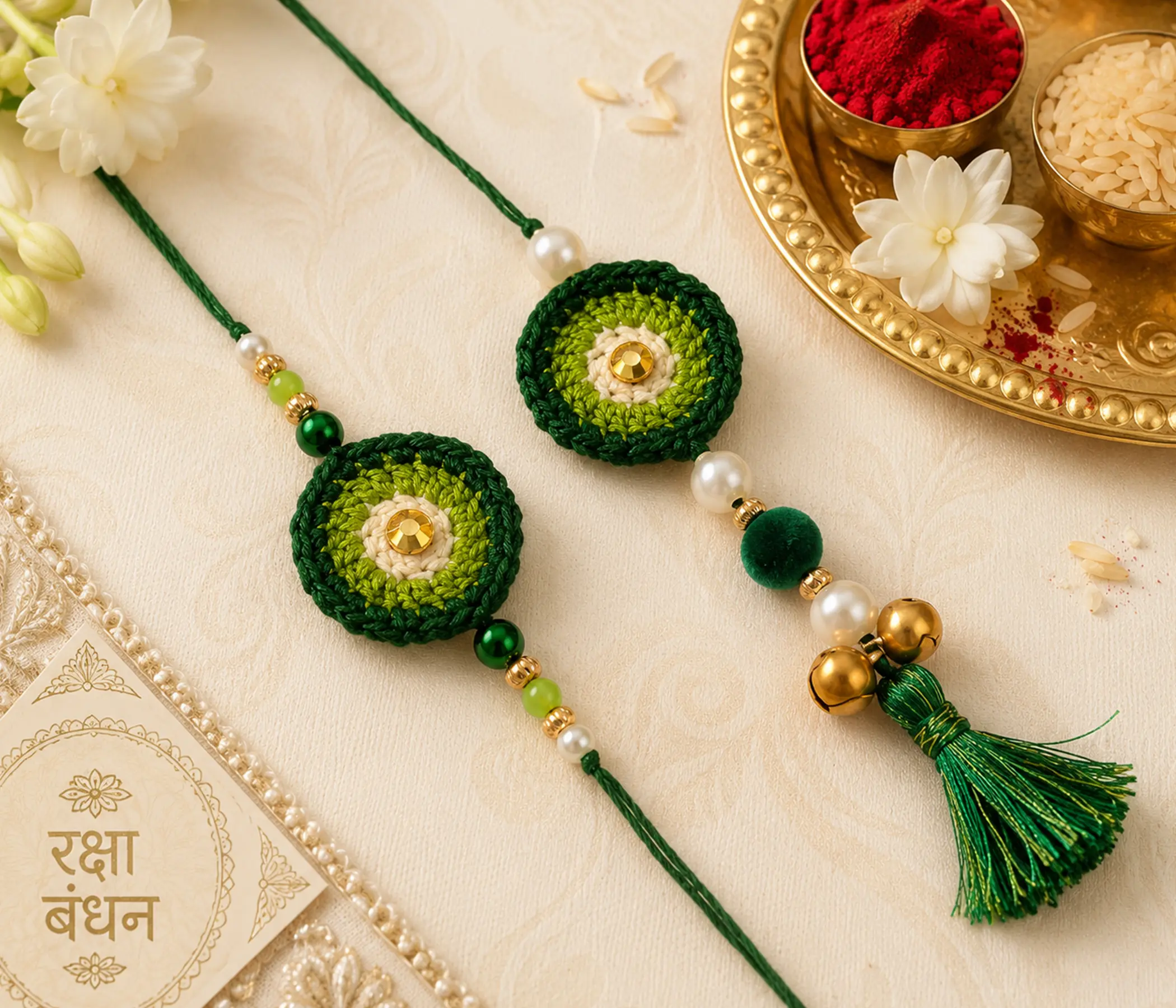 Handmade Concentric Green Crochet Bhai Bhabhi Rakhi Set for Raksha Bandhan
